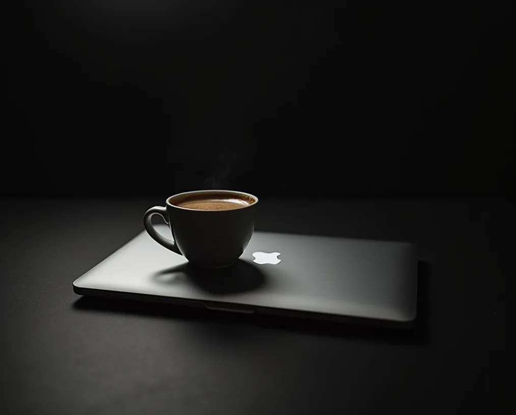 A cup of black coffee placed on a closed MacBook in a dark moody workspace