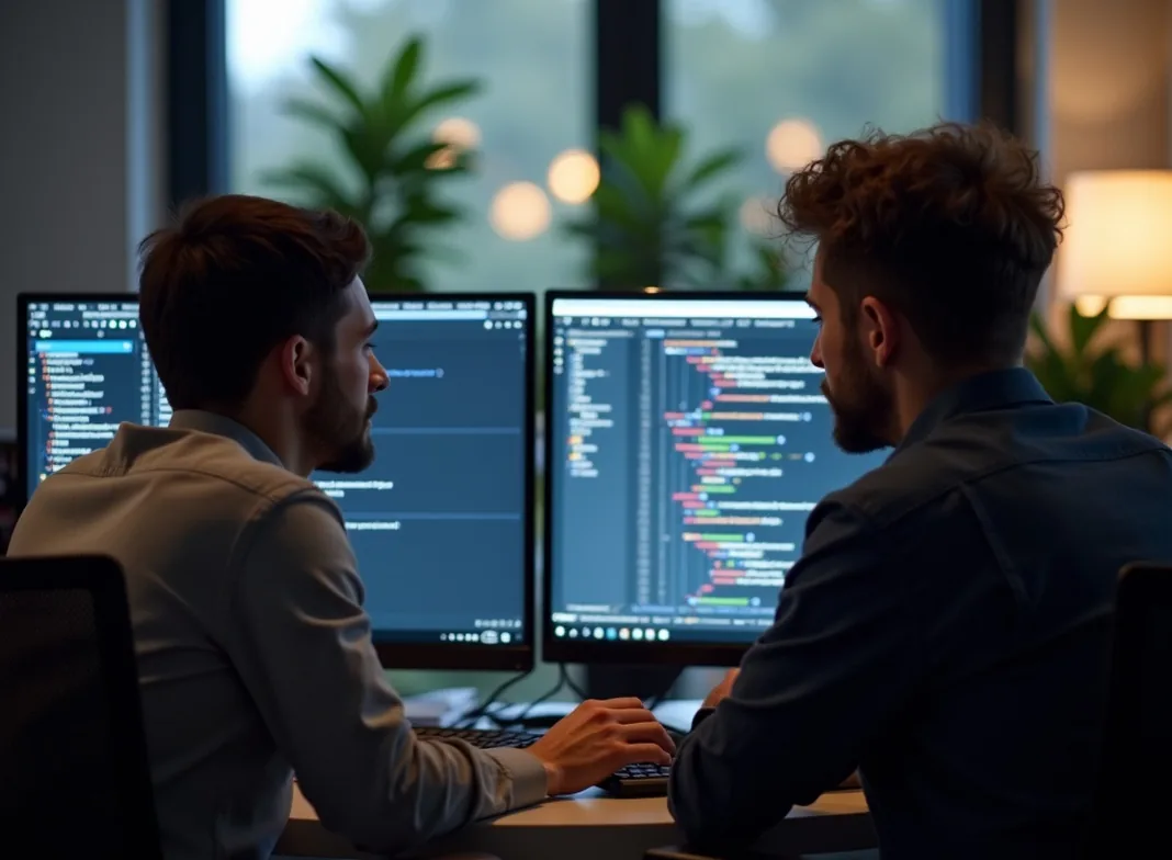 Pair programming session two developers looking at the same screen modern office